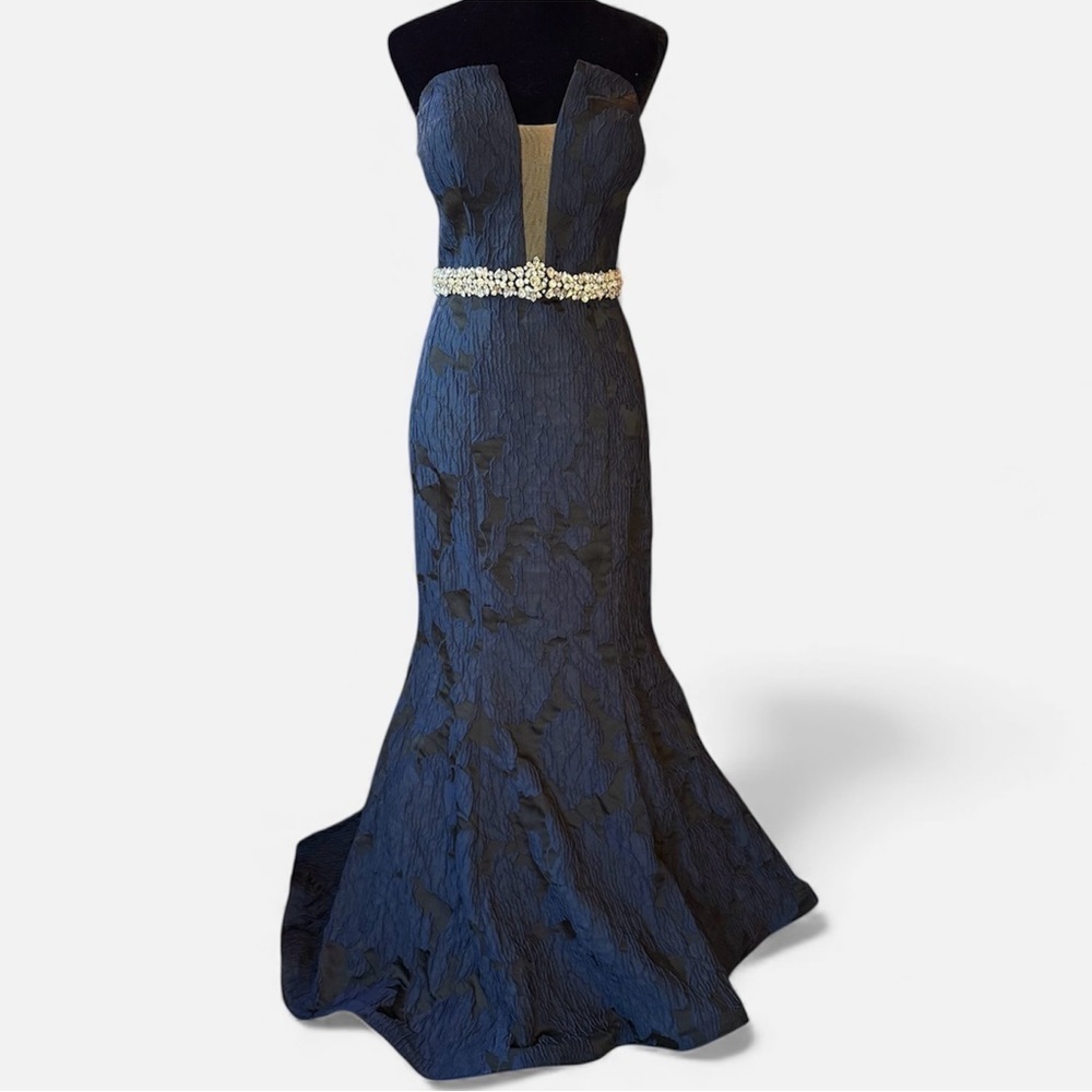 Jovani Strapless Fit N Flare Blue And Black Floral Mermaid Evening Dress
